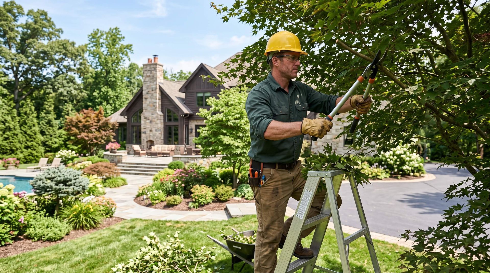 tree service worker on ladder cutting branches from tree