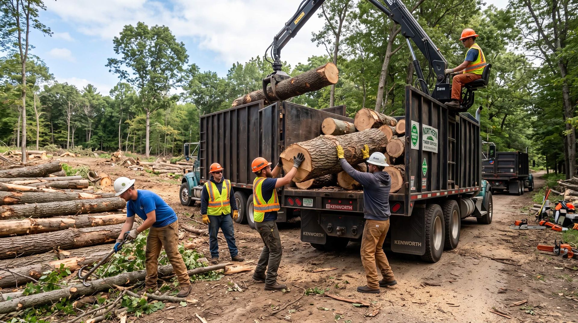 tree service workers carefully placing cut down tree onto back of truck