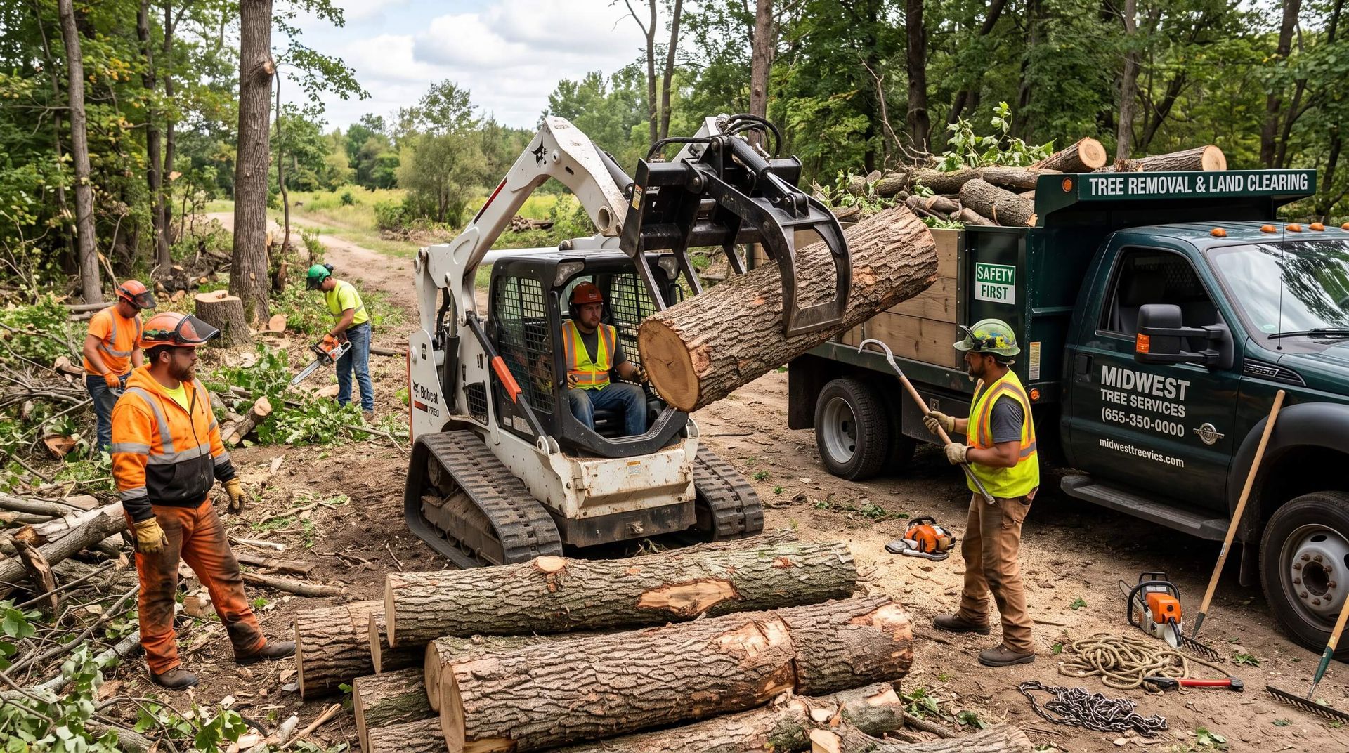 tree service workers watch as a heavy-duty machine lifts cut down tree with mechanical claw