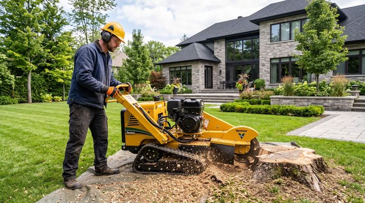 Tree service worker grinding up stump