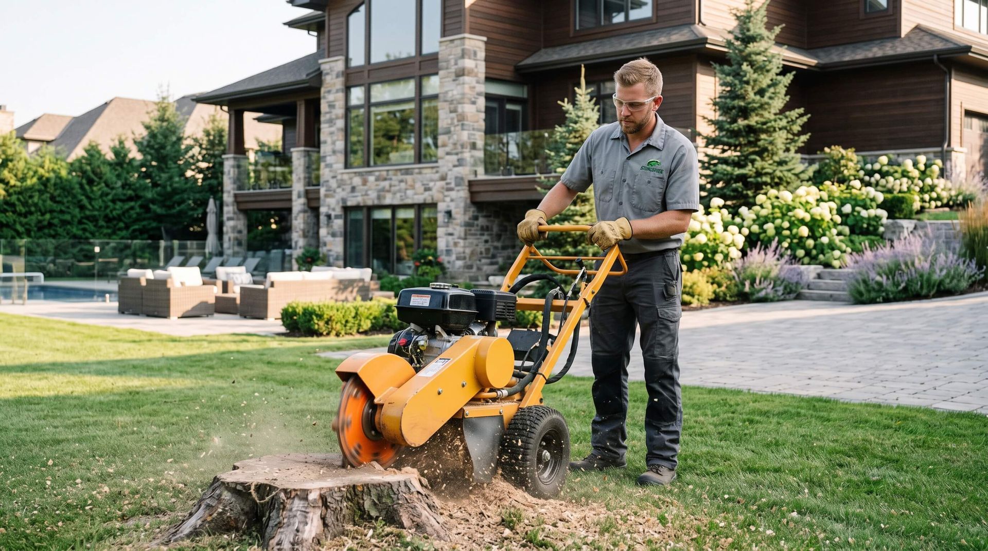 tree service workers preparing to grind stump with heavy-duty machinery