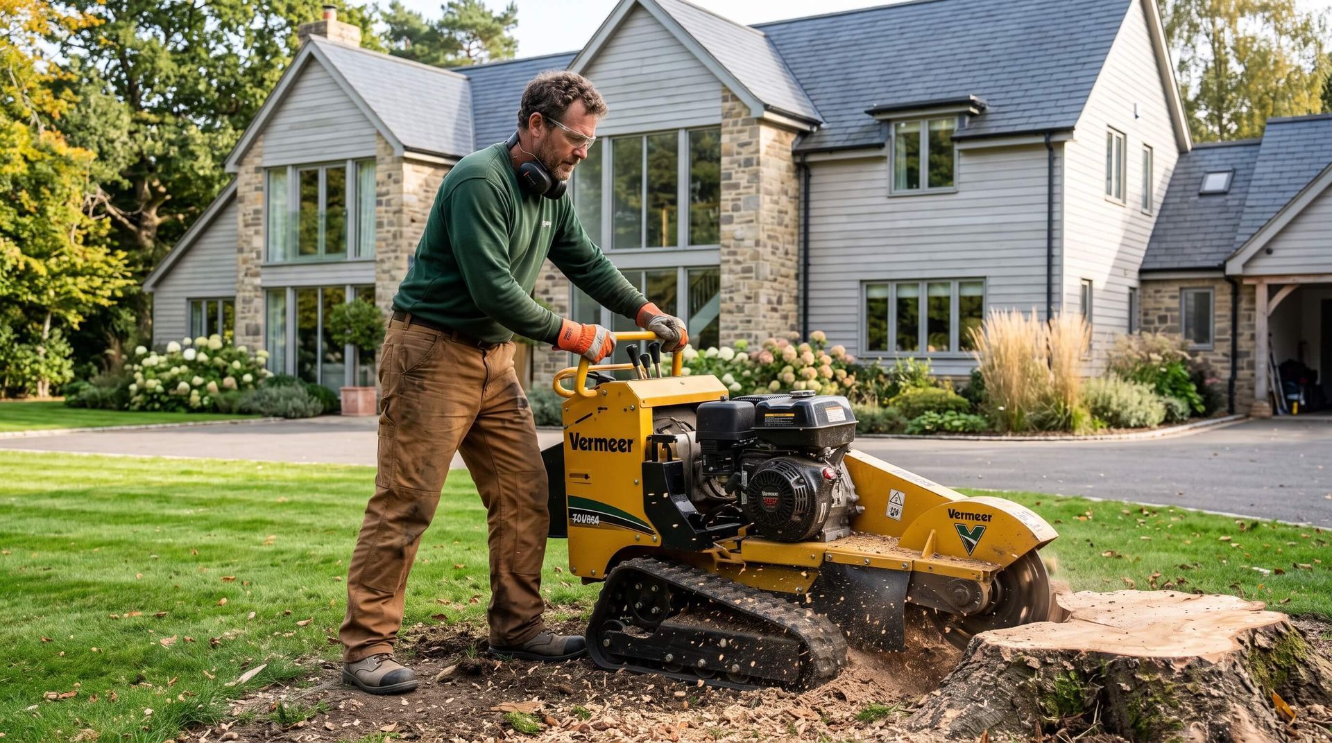 tree service worker grinding up stump with heavy-duty machinery
