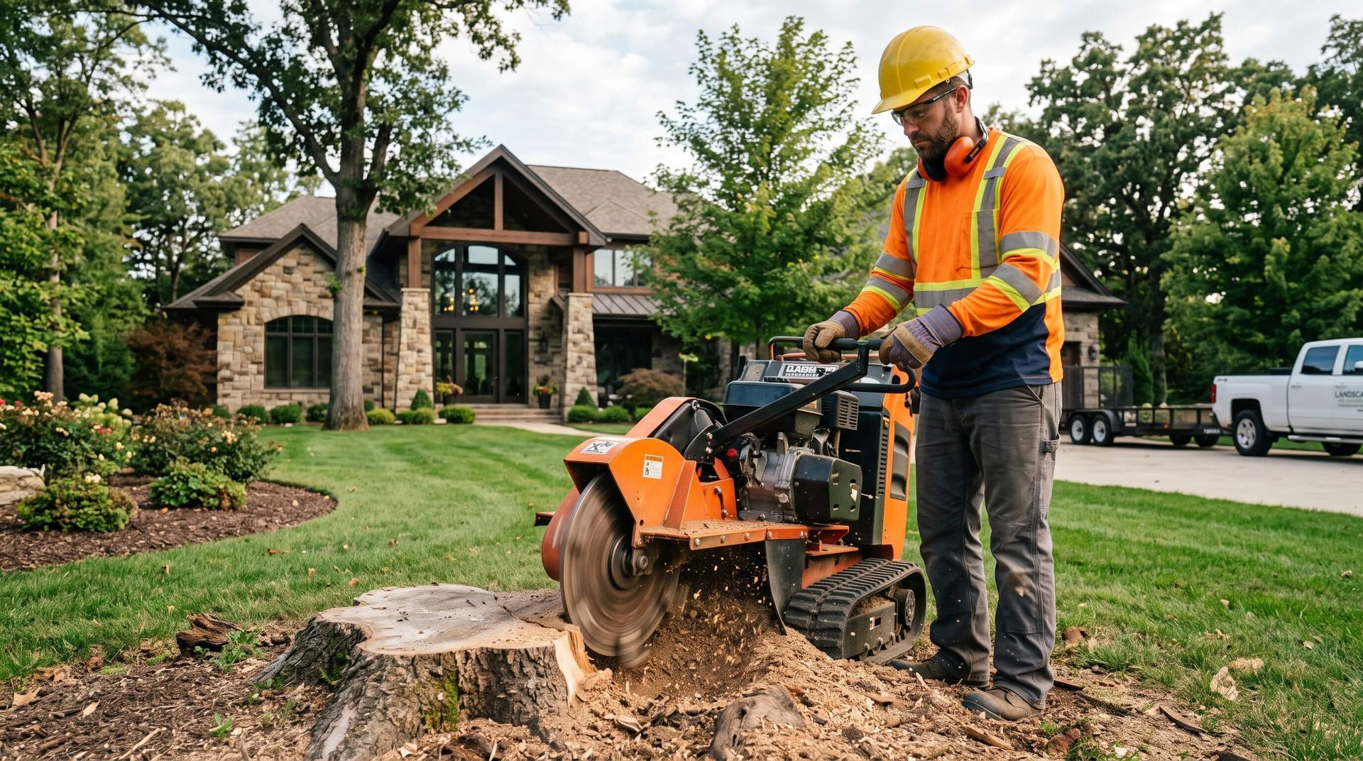 tree service worker actively grinding stump with heavy-duty machinery