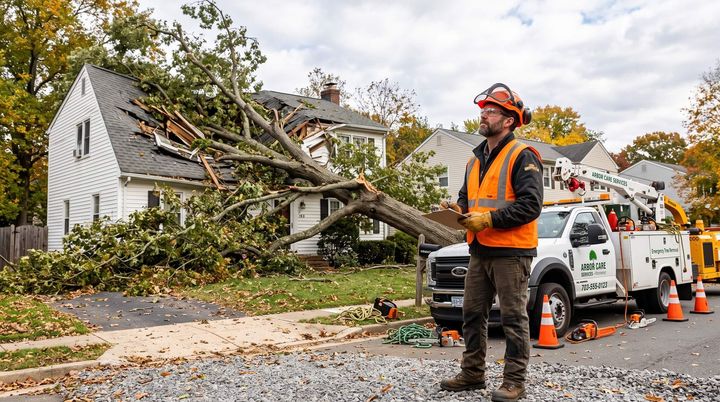 Tree service worker surveyed house and property where a tree has fallen