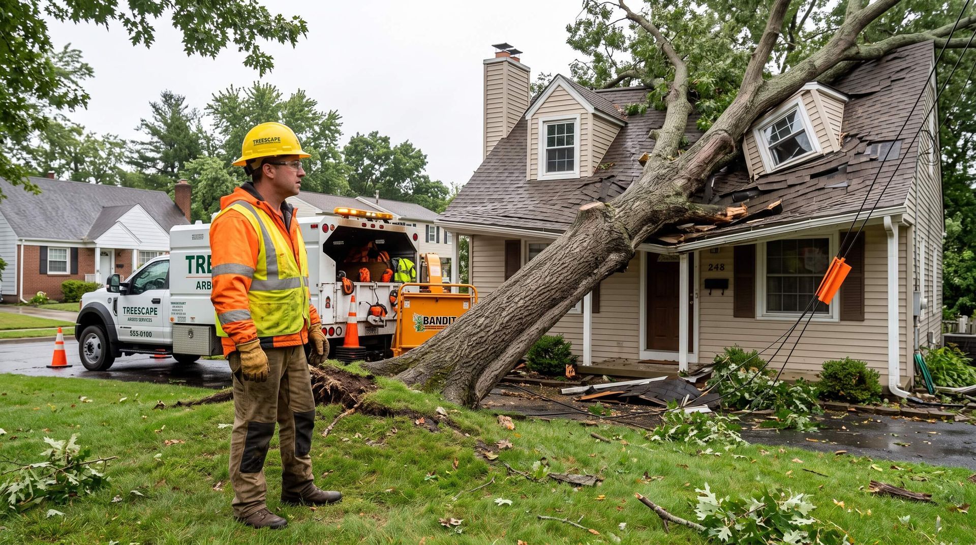 tree service worker looking at tree that has fallen on house roof