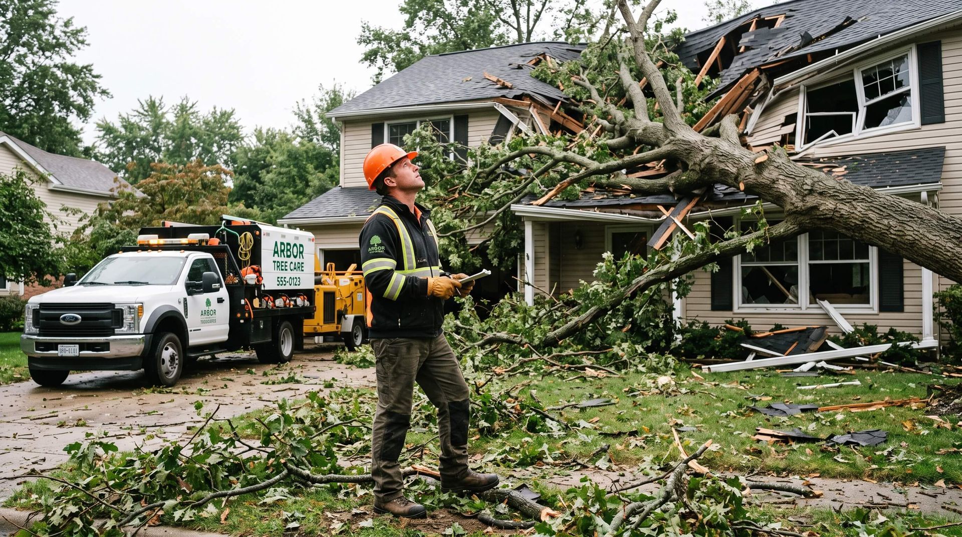 tree service worker inspecting the damage of a fallen tree onto the roof of a house