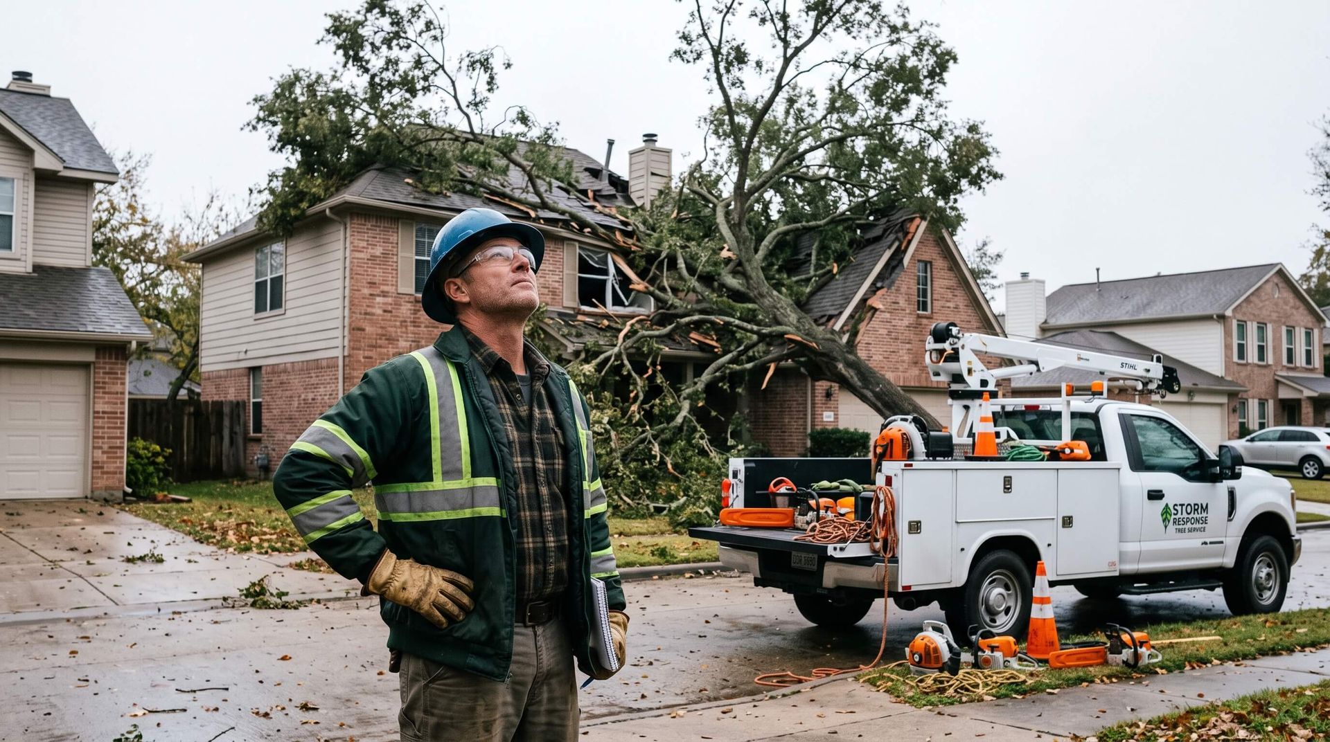 tree service worker looking around an emergency job with a house that has a fallen tree on it