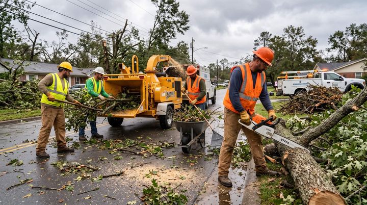 Tree service workers cleaned up trees and debris after storm left damage