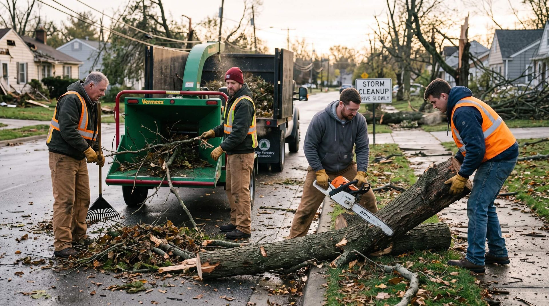 tree service workers using chain saw to clear fallen trees & debris after storm damage