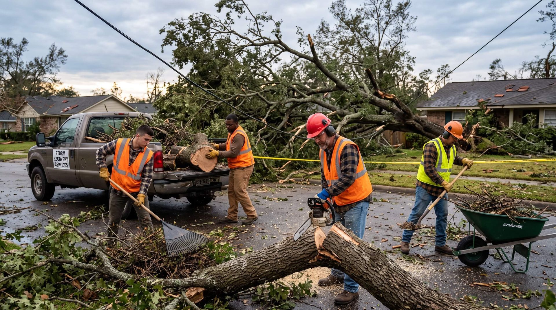 tree service workers clearing storm damage tree debris