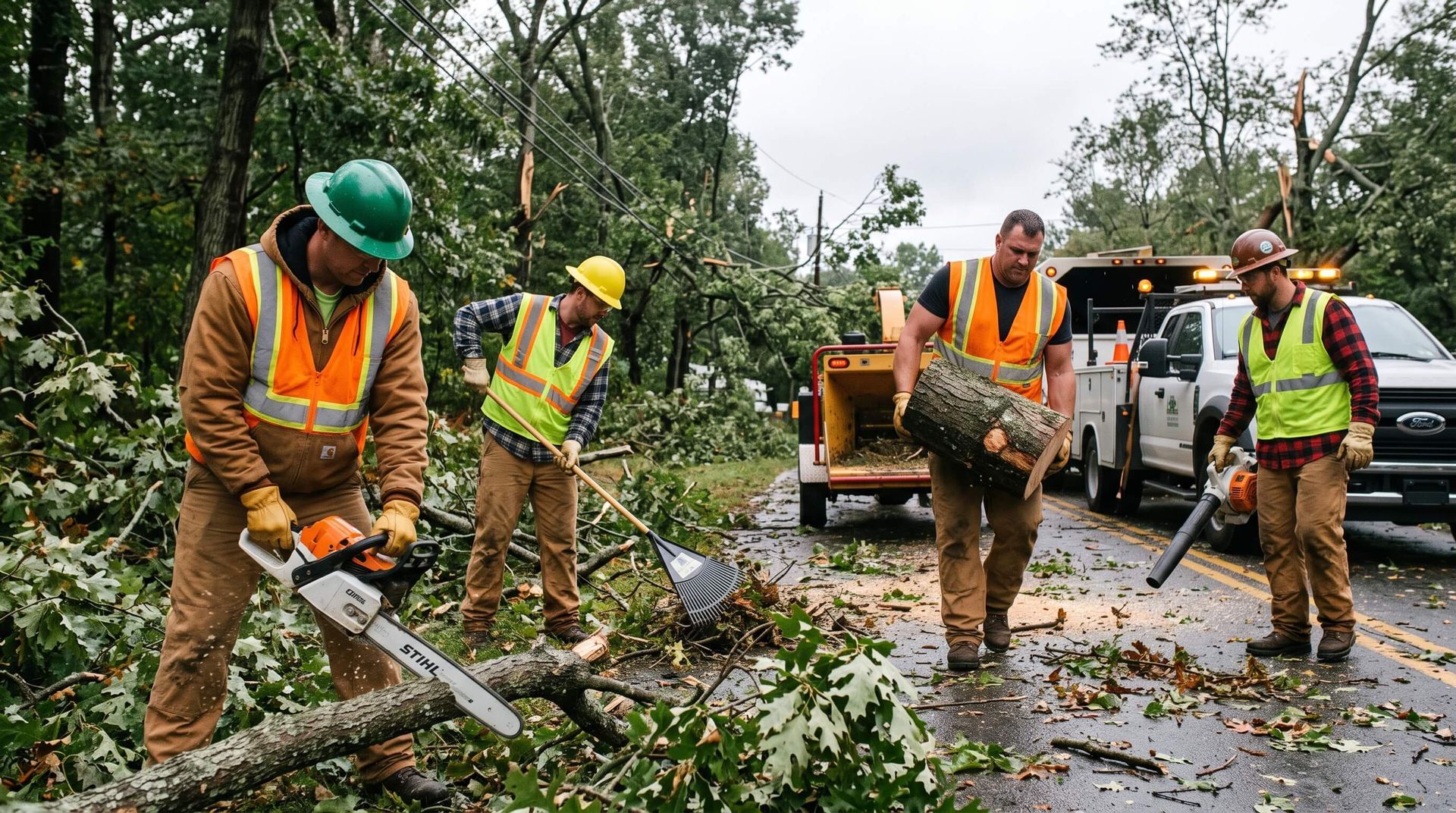 tree service workers working hard to clear up storm damage debris