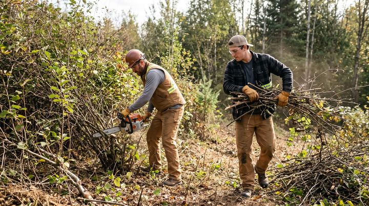 2 tree service workers clearing & removing brush