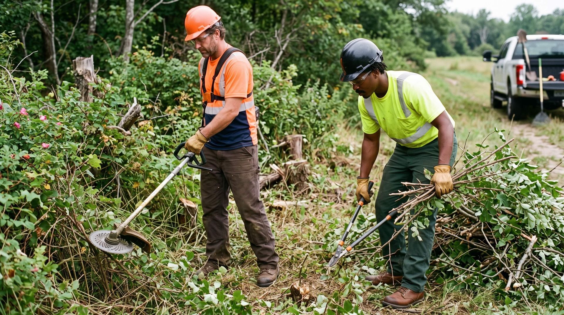 2 tree service workers clearing brush