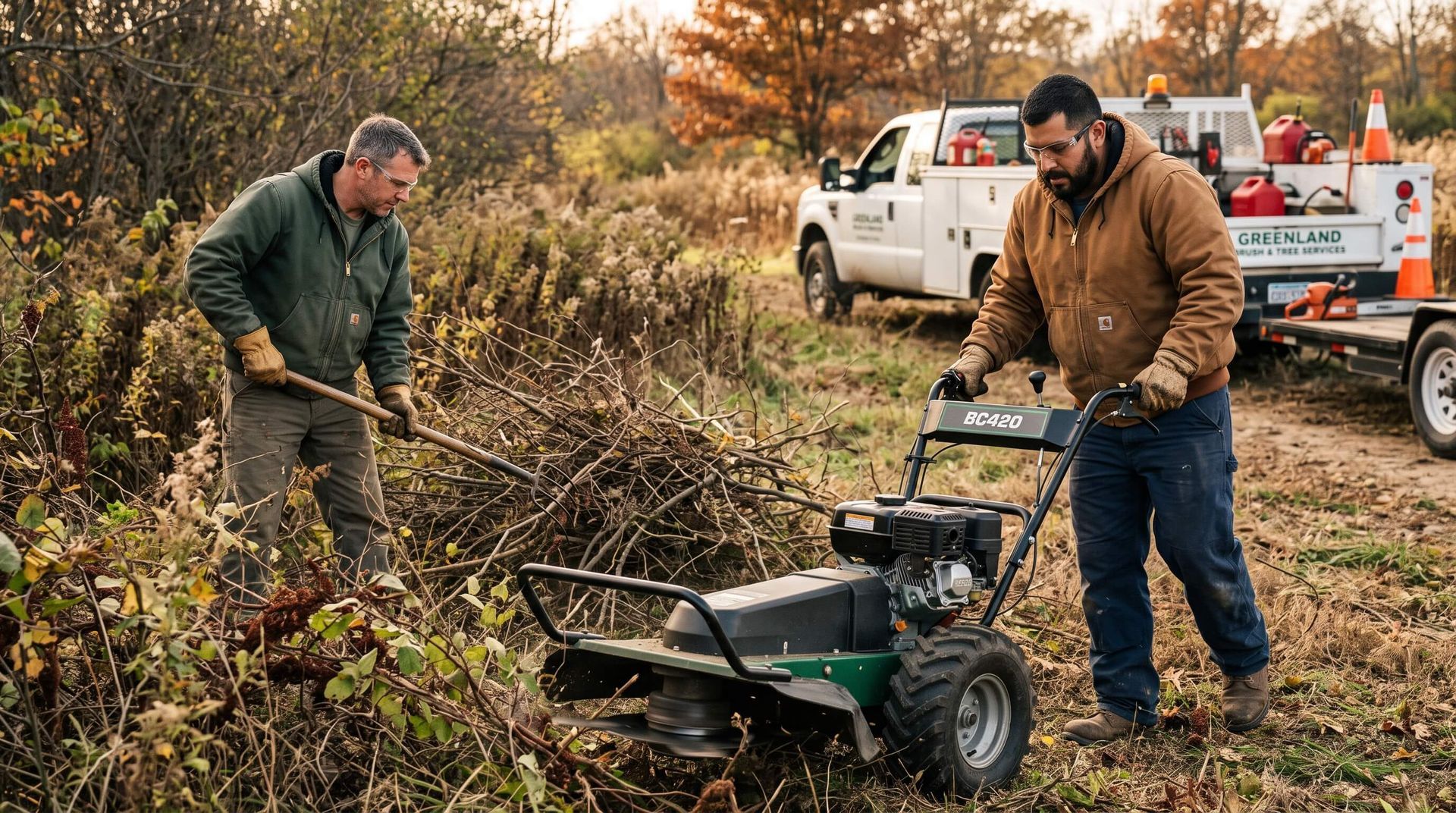 2 tree service workers using heavy-duty machinery to clear brush