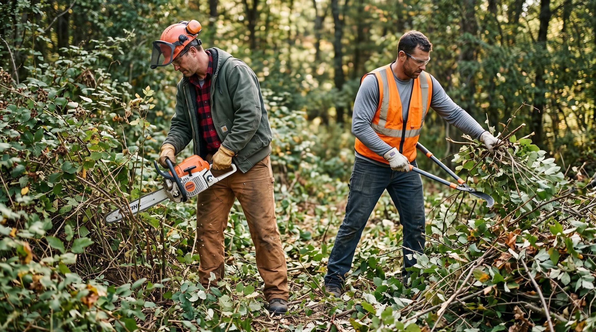 2 tree service workers in the woods clearing brush