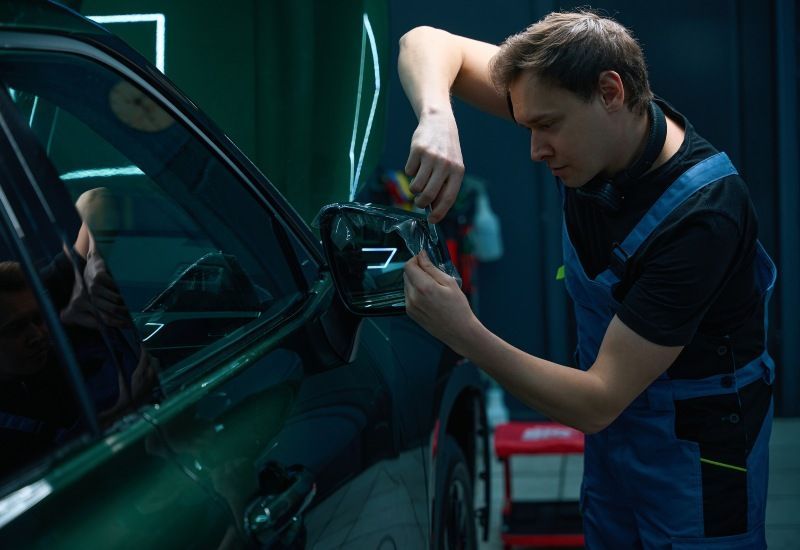 Mechanic using a power tool to repair a dark car in a garage