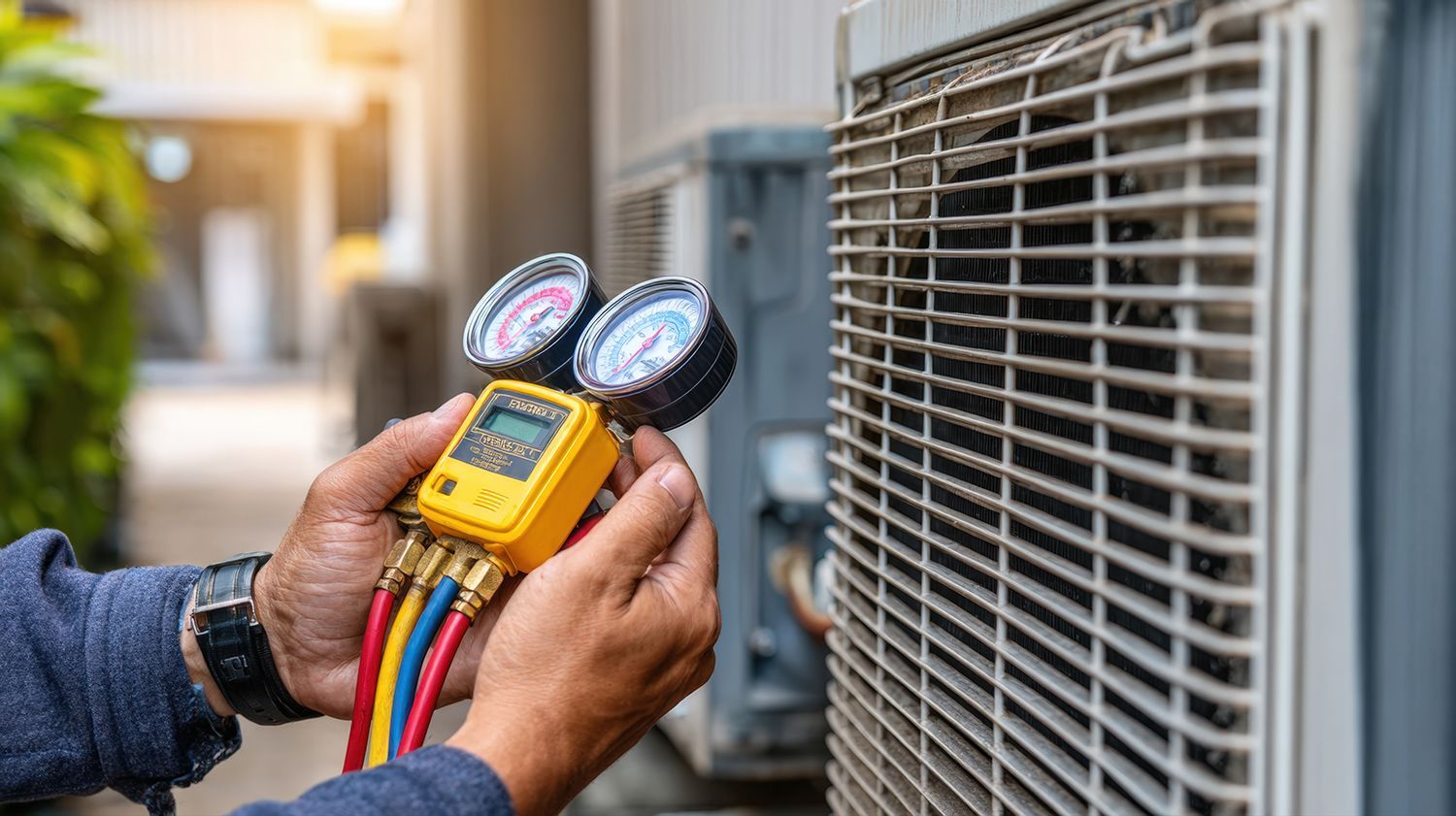 Close up of an HVAC contractor using a hose and pressure gauge for system maintenance. Close up of an HVAC contractor using a hose and pressure gauge for system maintenance.