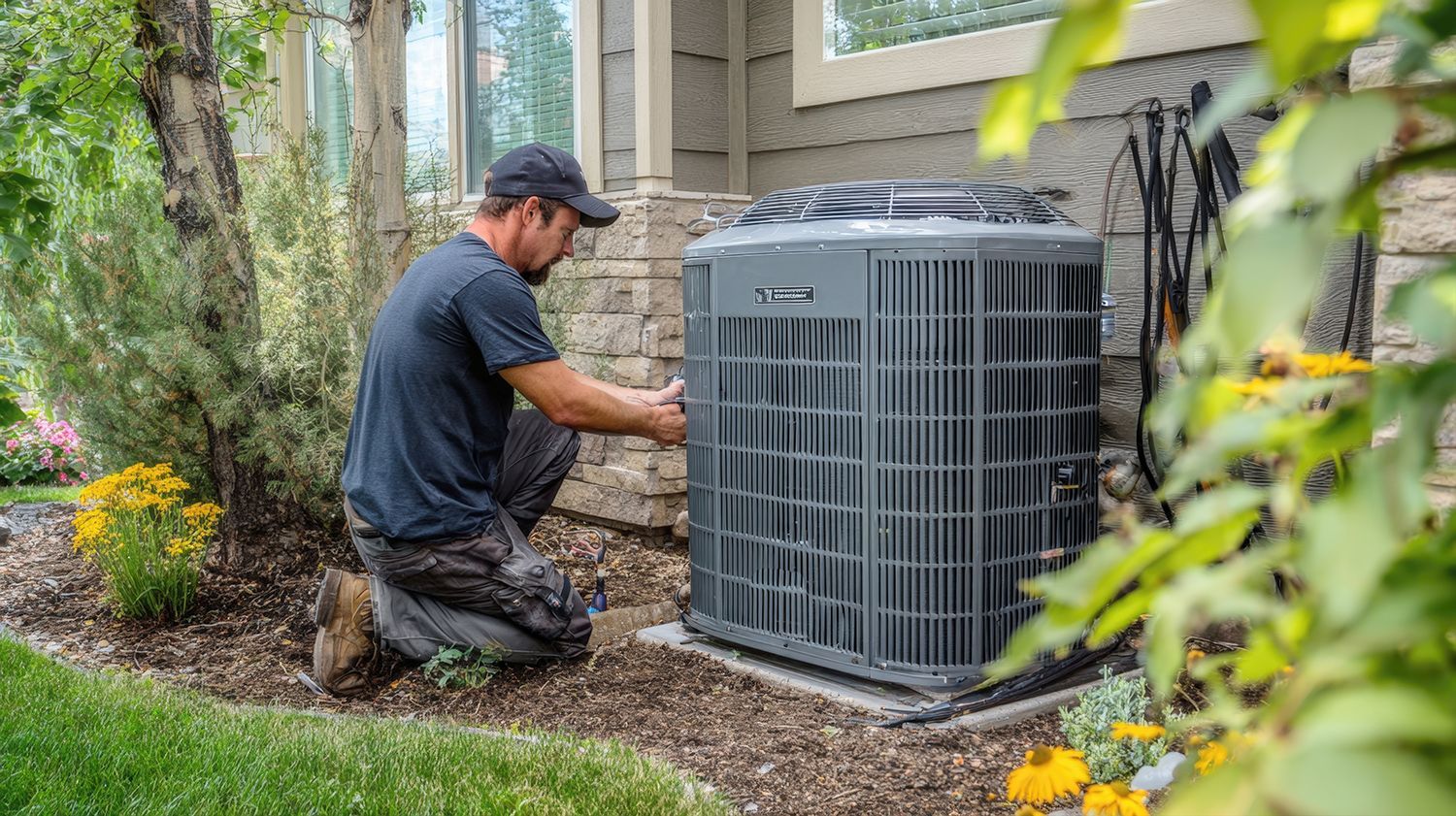 An HVAC contractor wearing a cap is repairing a system for optimal performance and efficiency.