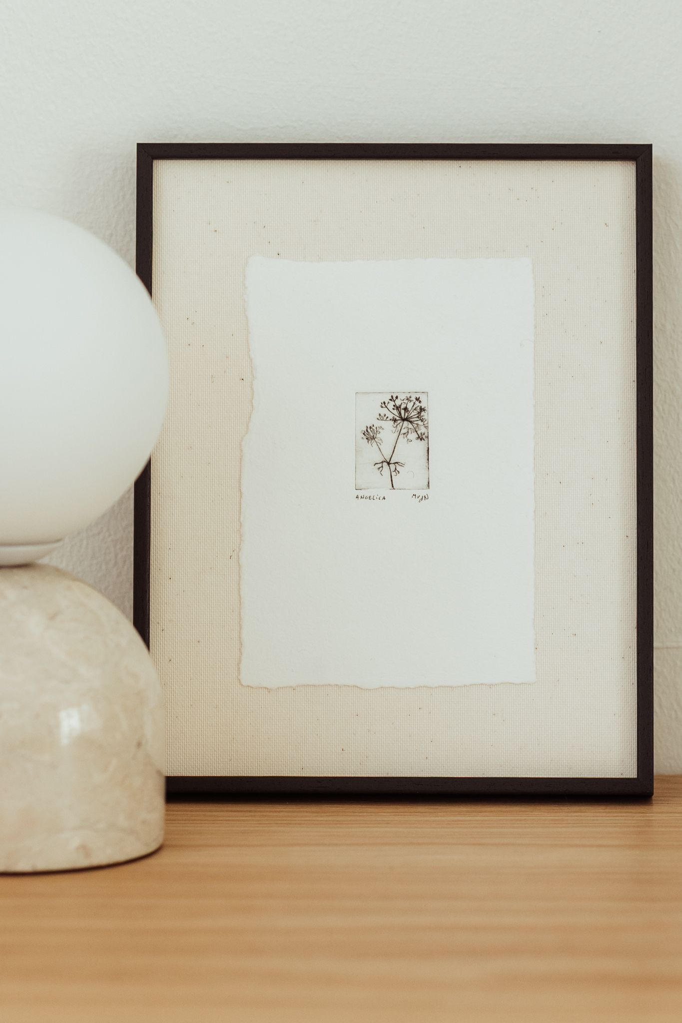 Een ingelijste botanische print en een tafellampje, aankleding van een daglichtstudio in Amersfoort.