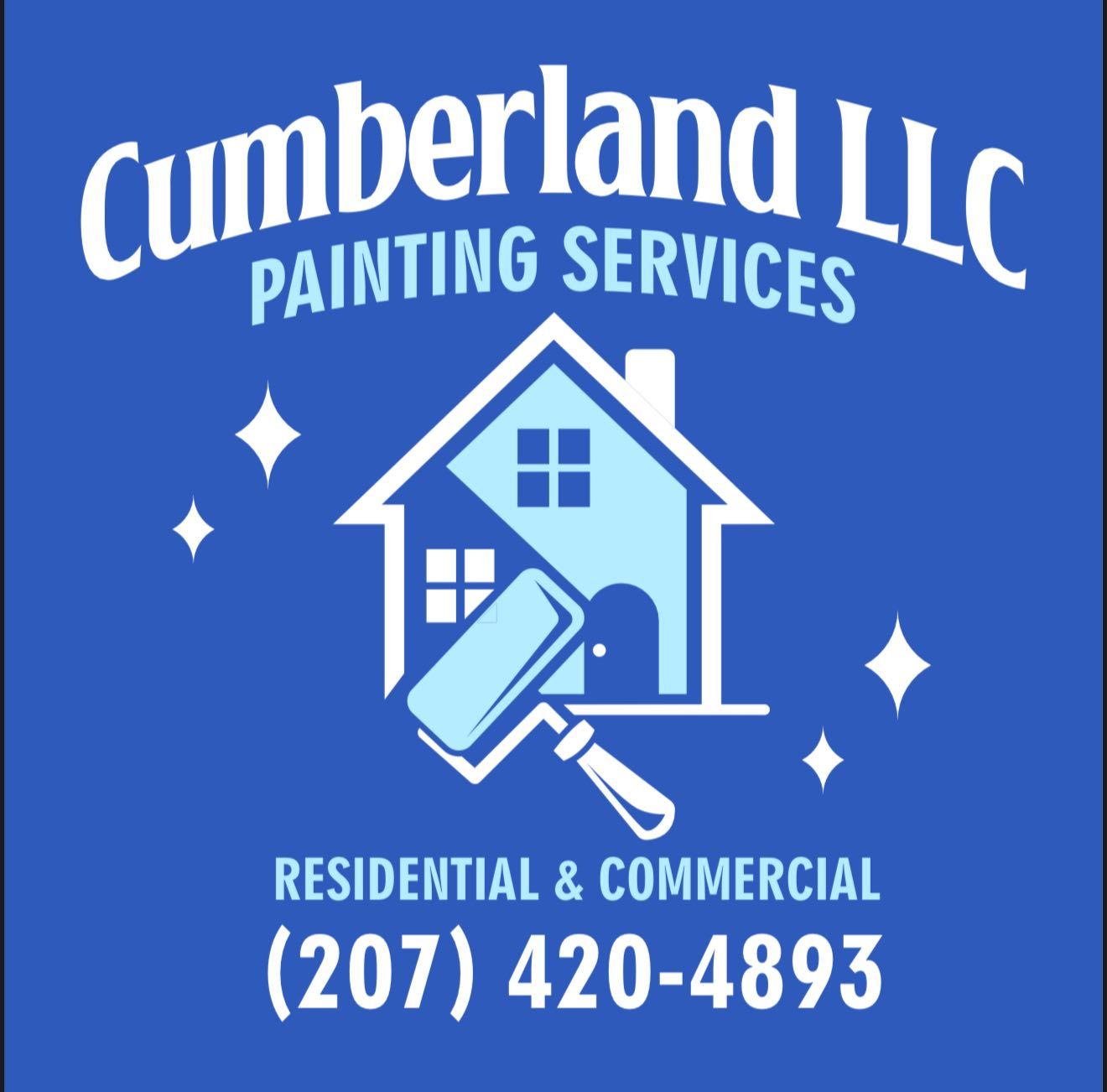 Cumberland LLC Painting Services logo with house, paint roller, and phone number on blue background
