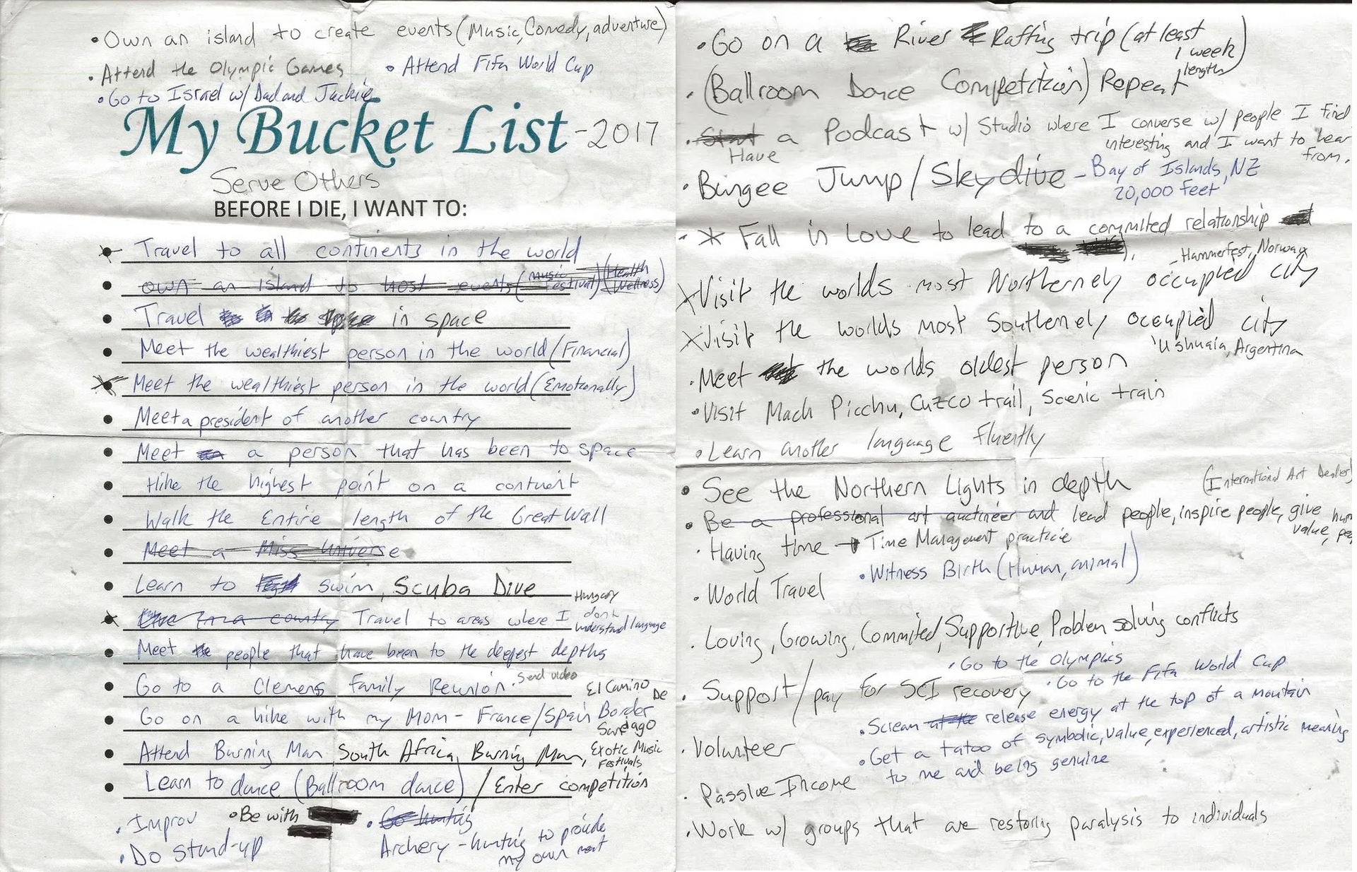 My bucket list from 2017 and when I was a volunteer at Hospice of the Comforter in Altamonte Springs, Florida.