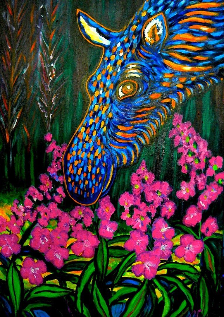 An Alaskan moose with fireweed painted by Janet Clemens