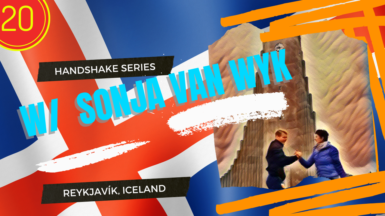 Xander Clemens is in Reykjavík, Iceland with Sonja van Wyk performing a handshake
