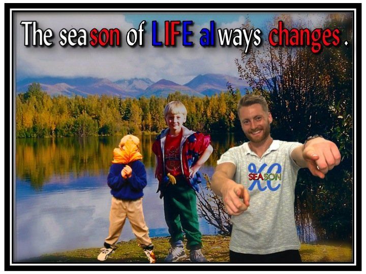 Xander Clemens with two versions of his younger self at University Lake in Anchorage, Alaska