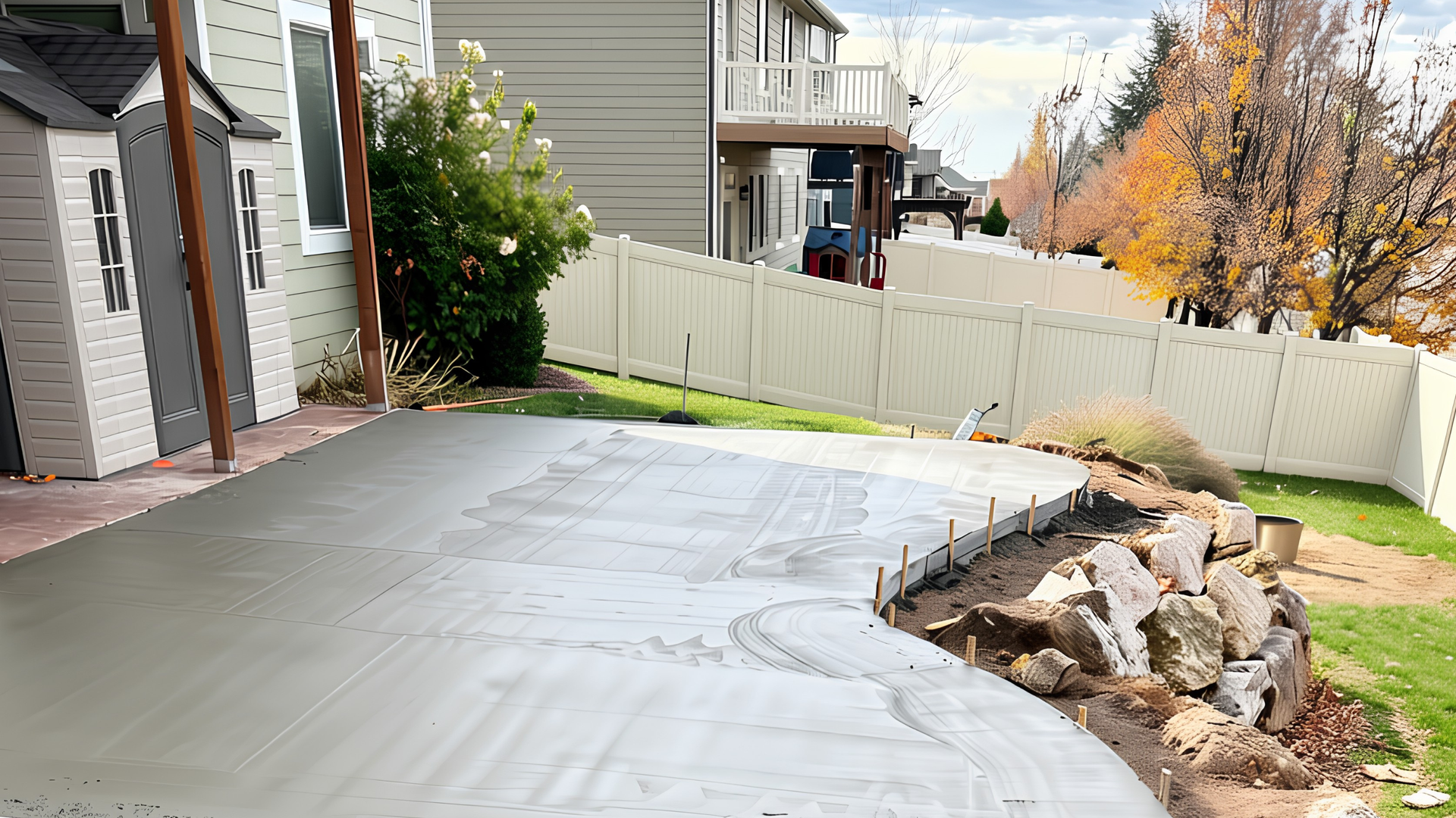Freshly poured concrete patio curing at a Syracuse Utah home on a clear spring day