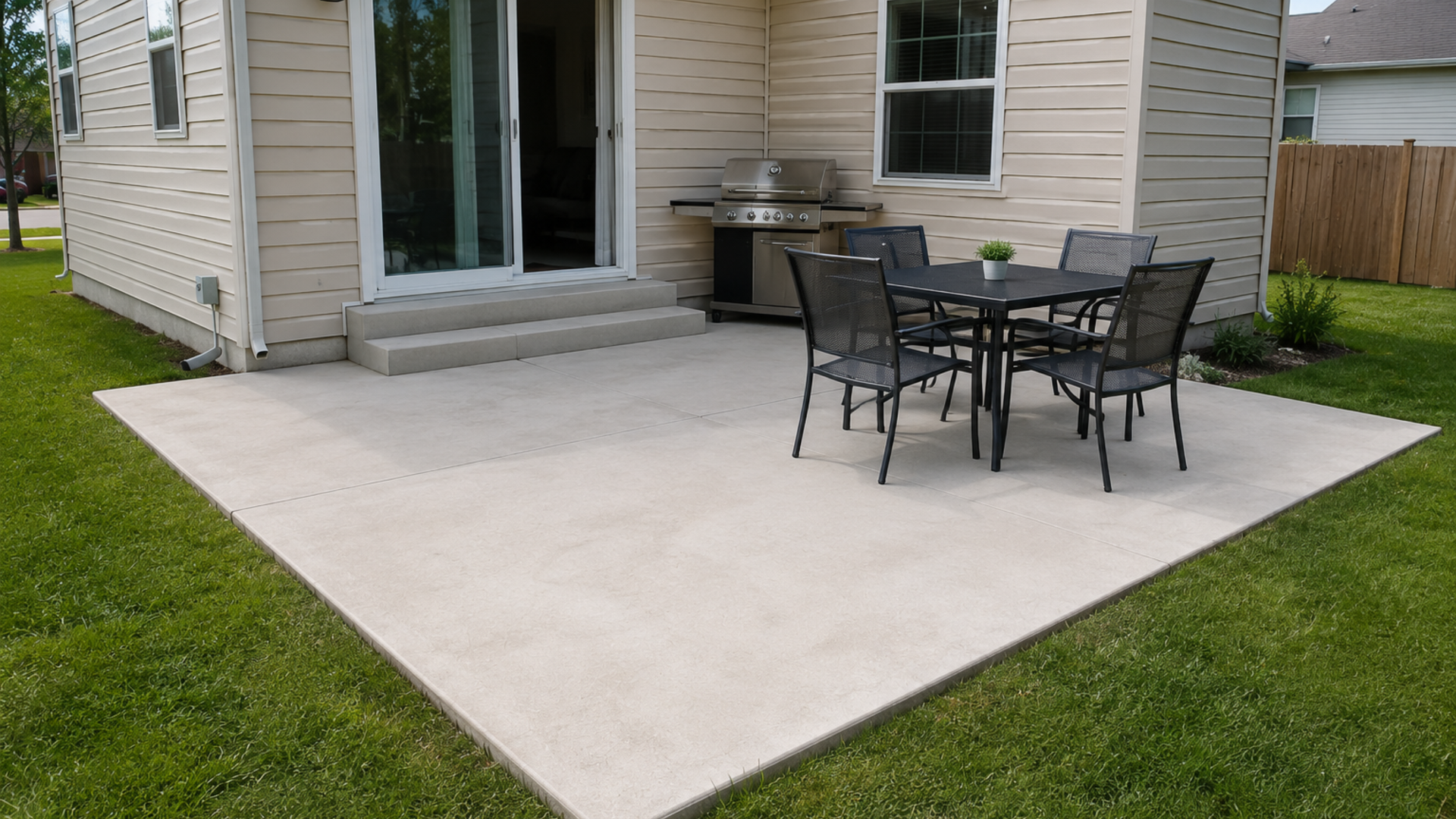 Finished concrete patio in a residential backyard with seating area and clean outdoor living layout