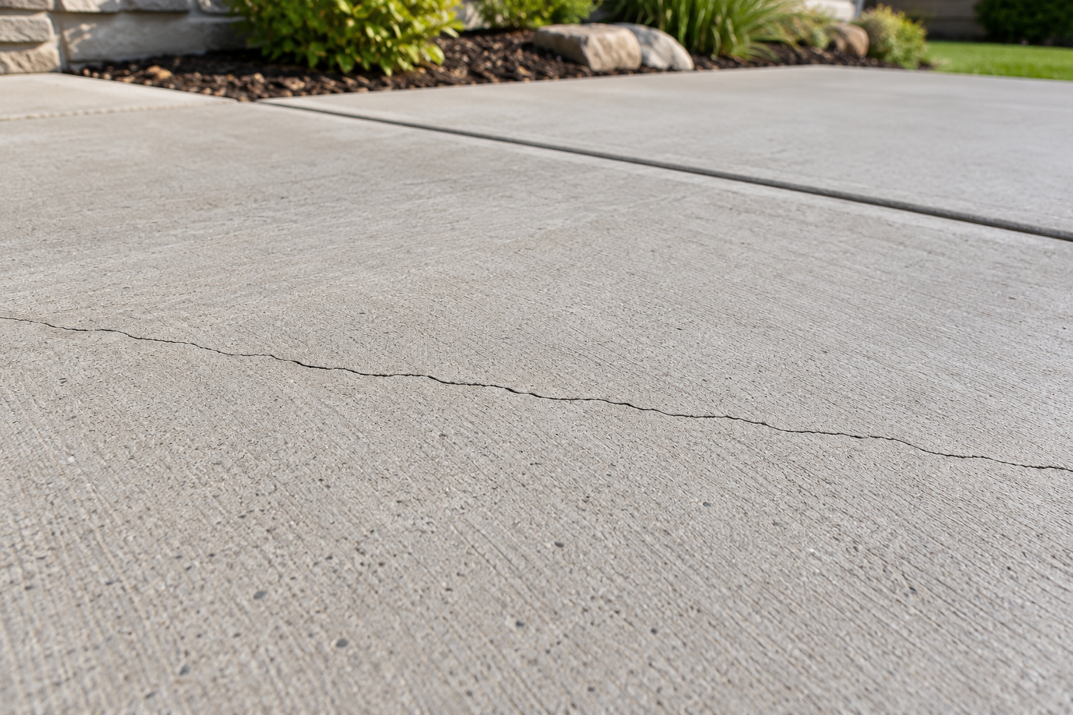 Fine hairline drying shrinkage crack running straight across a hardened concrete slab