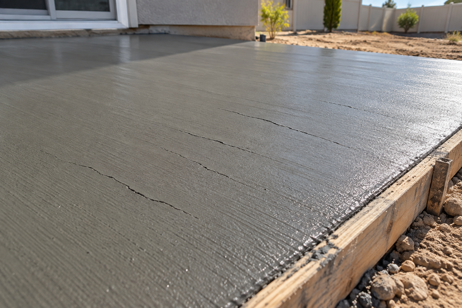 Short parallel plastic shrinkage cracks on a fresh concrete surface in Syracuse Utah