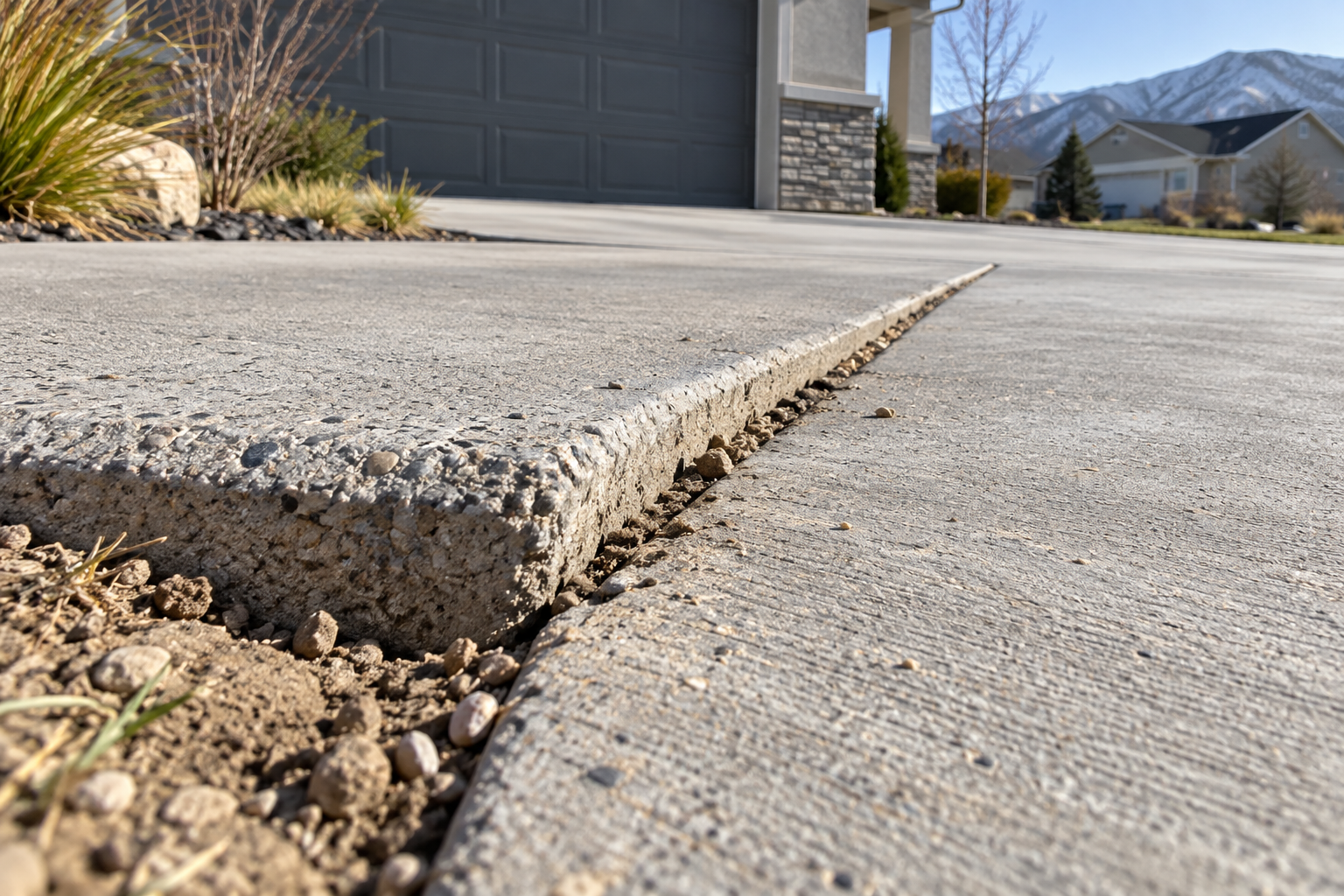 Settlement crack with a vertical offset in a concrete slab over expansive clay soil in Davis County Utah