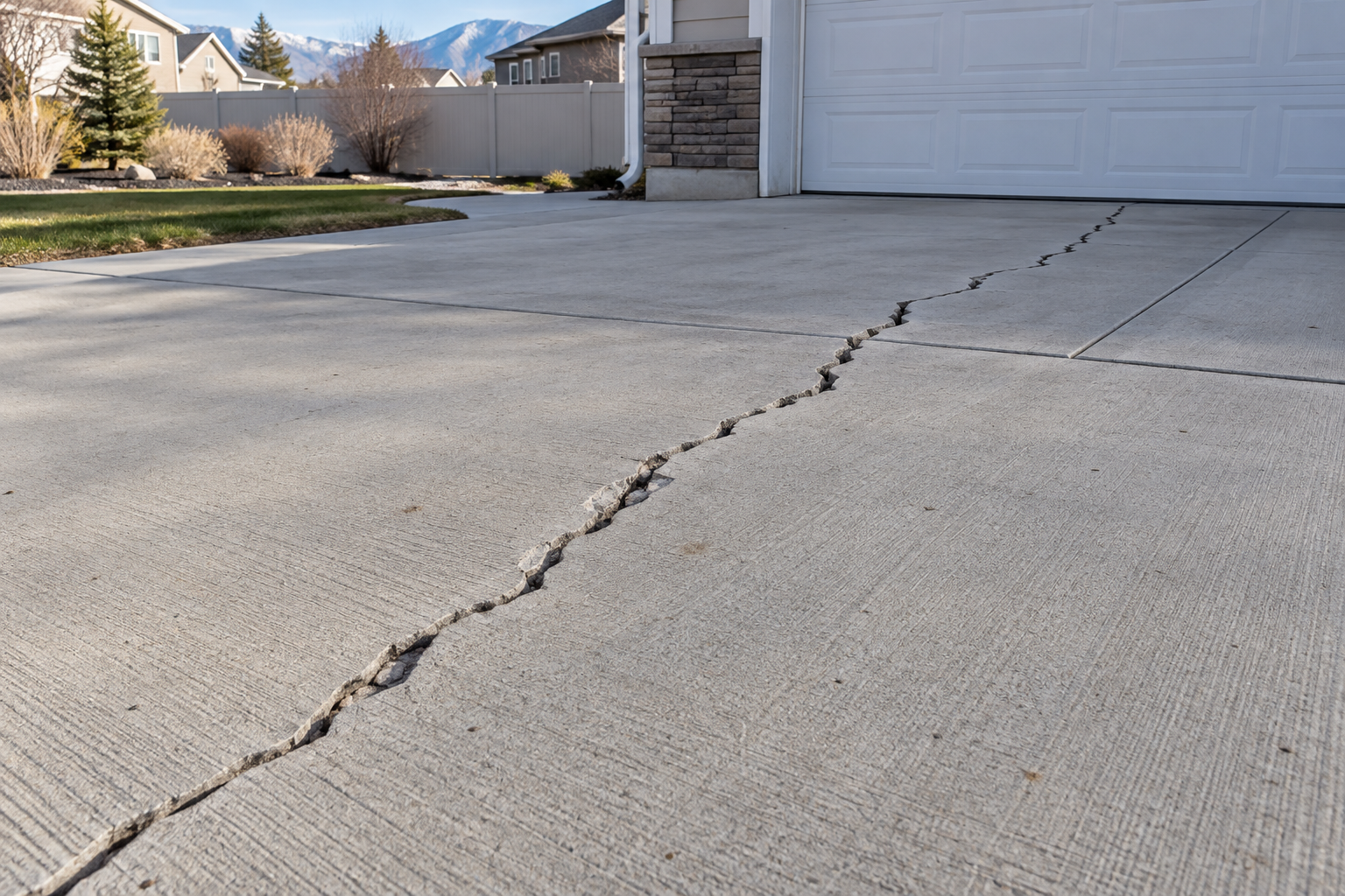 Wide diagonal structural crack across a concrete slab signaling stress damage in Northern Utah