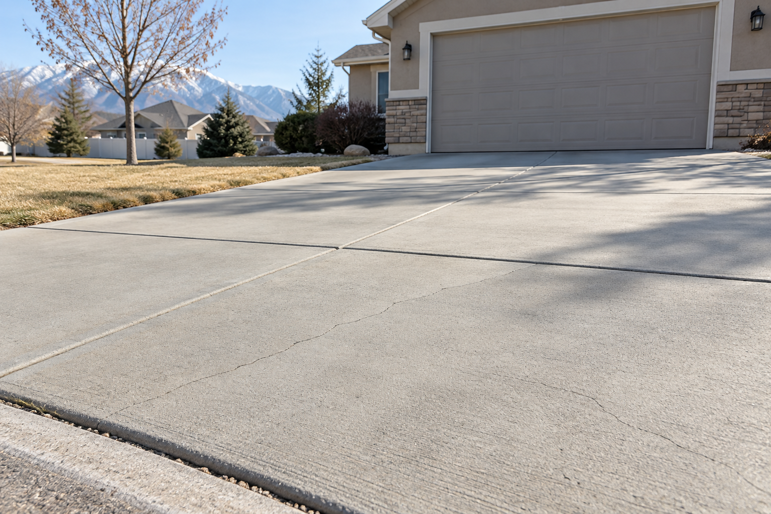 Hairline cracks in a concrete driveway slab at a Syracuse Utah home