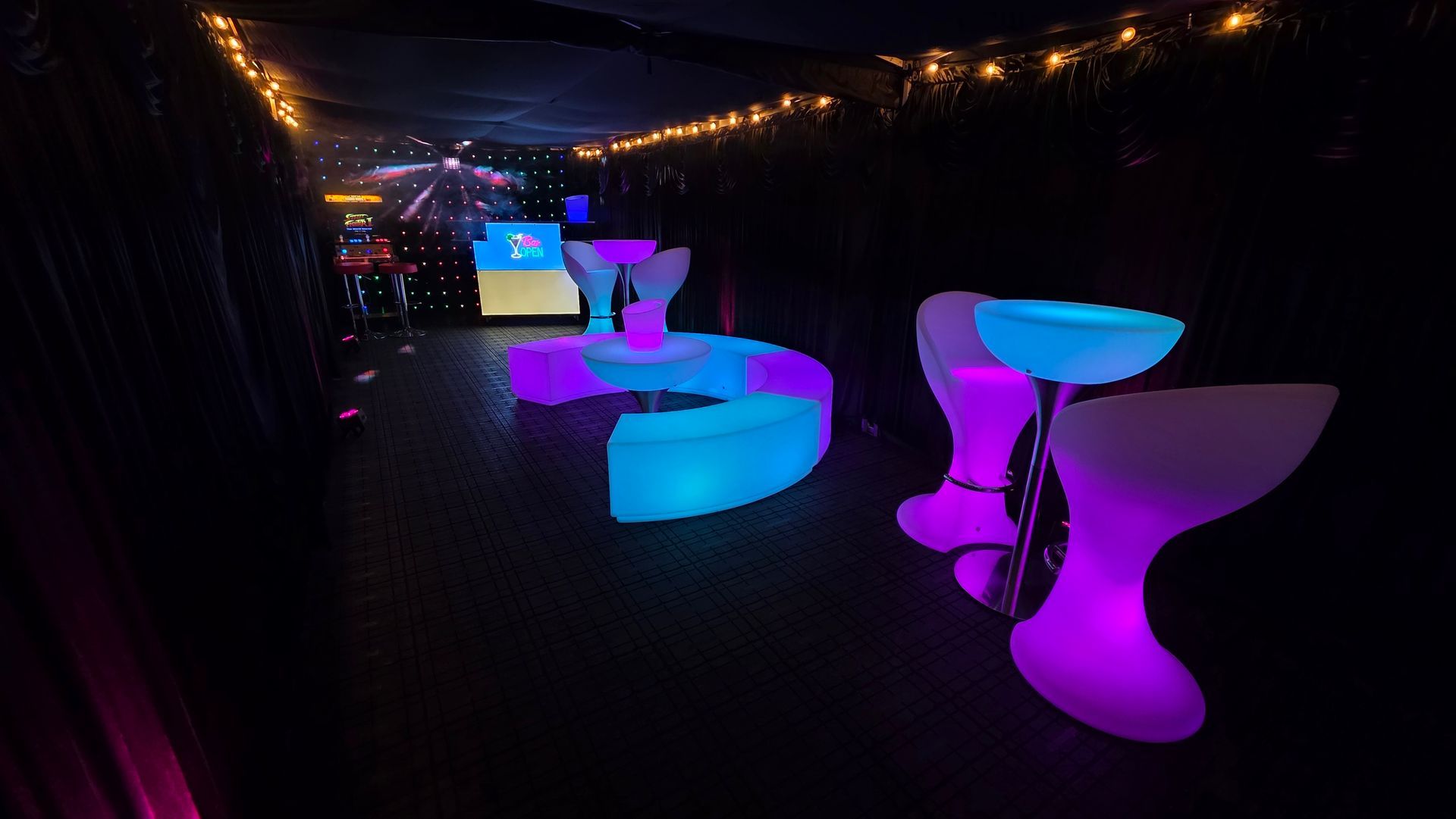 LED furniture for hire in a party marquee in Manchester
