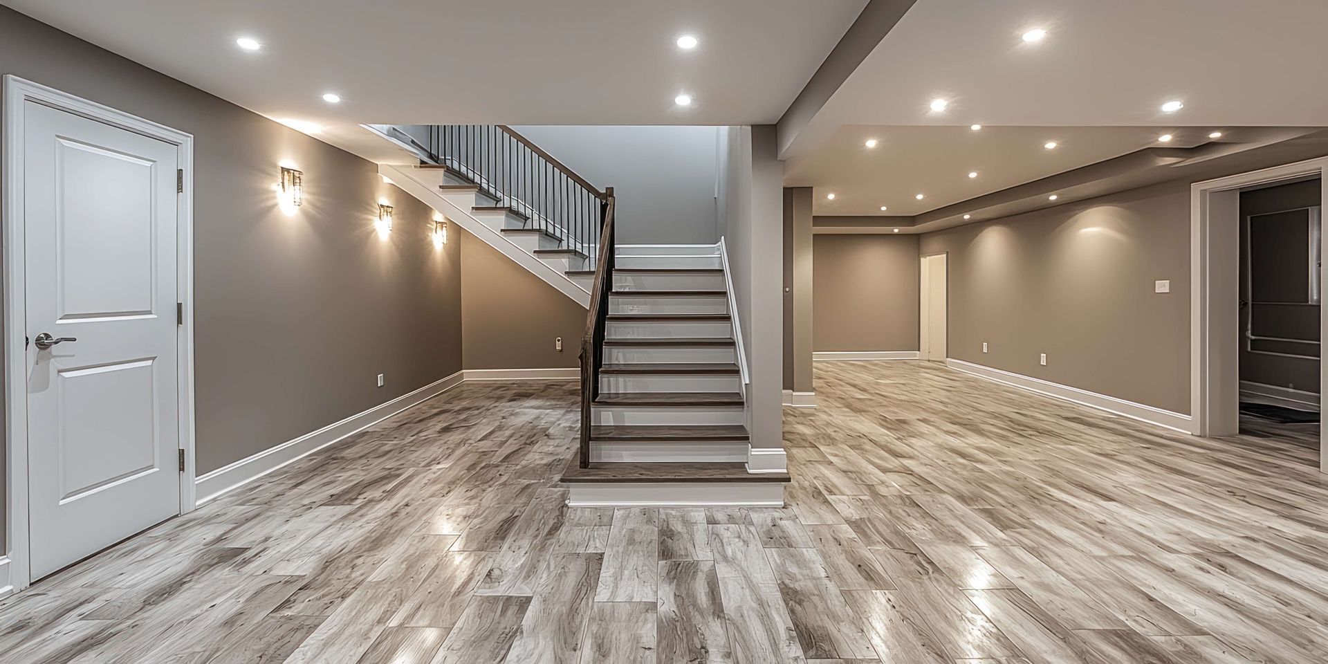 Empty finished basement with staircase, recessed lighting, and gray walls and flooring.