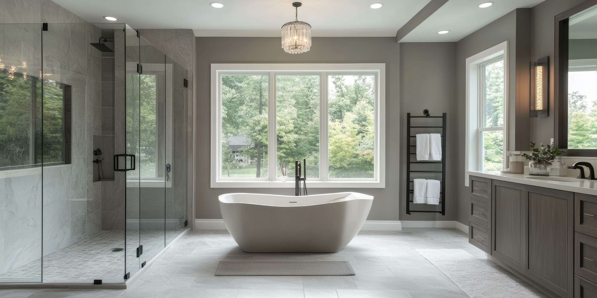 Modern gray bathroom with glass shower, freestanding tub, double vanity, and large window views