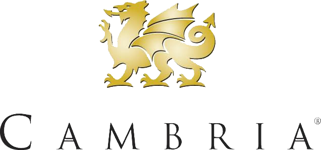 Gold dragon emblem above the word “CAMBRIA” in black serif letters on a white background