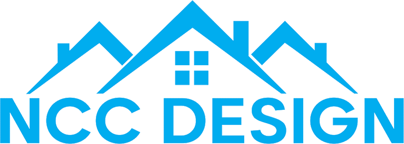 Blue house roof logo with the text “NCC DESIGN” underneath