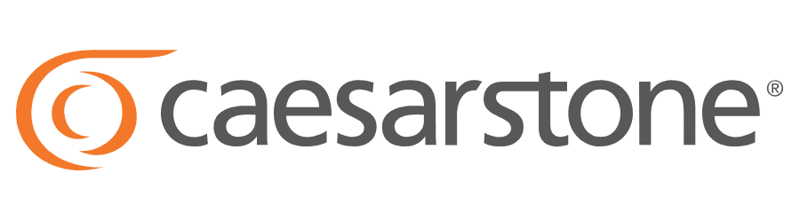 Caesarstone logo in gray and orange with a circular orange icon on a white background