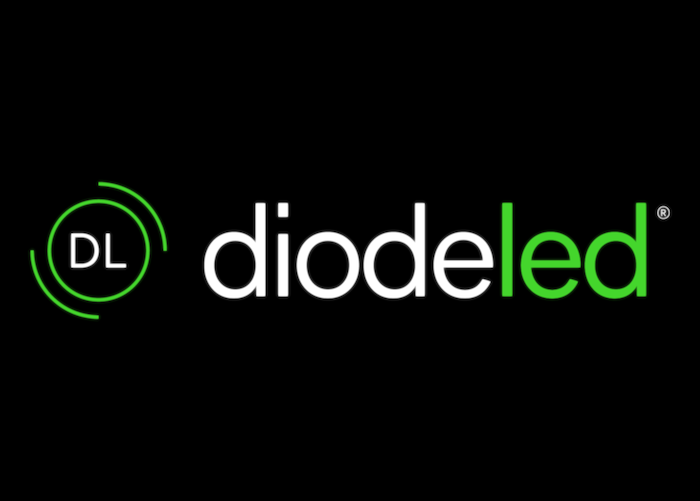 DiodeLED logo on black background with green circular DL icon and white-green text