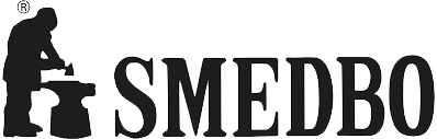 Black silhouette of a person hammering an anvil beside the word “SMEDBO”
