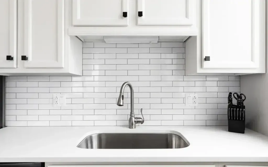 White kitchen sink with chrome faucet, subway tile backsplash, and cabinets above