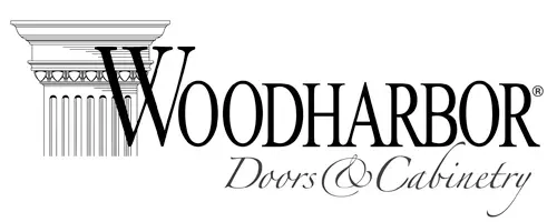 Woodharbor Doors & Cabinetry logo in black and gray serif lettering with a classical column icon