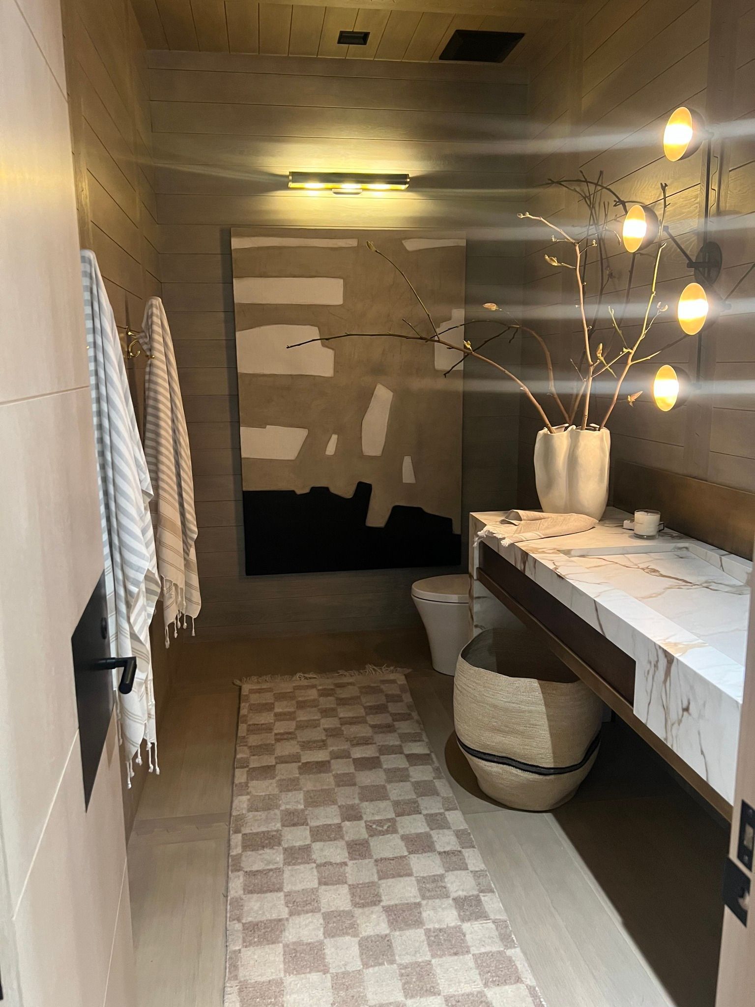Long narrow bathroom with vanity lights, patterned rug, towel, and unfinished walls.