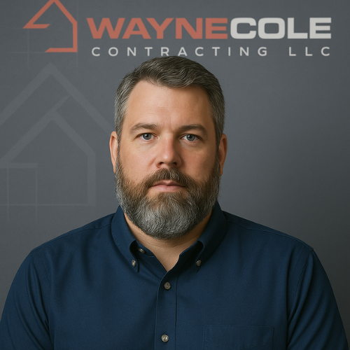 Portrait of a bearded man in a blue shirt in front of Wayne Cole Contracting LLC logo