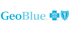 GeoBlue logo with blue text and medical shield icons