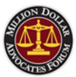 The logo for the million dollar advocates forum is a scale of justice in a circle.