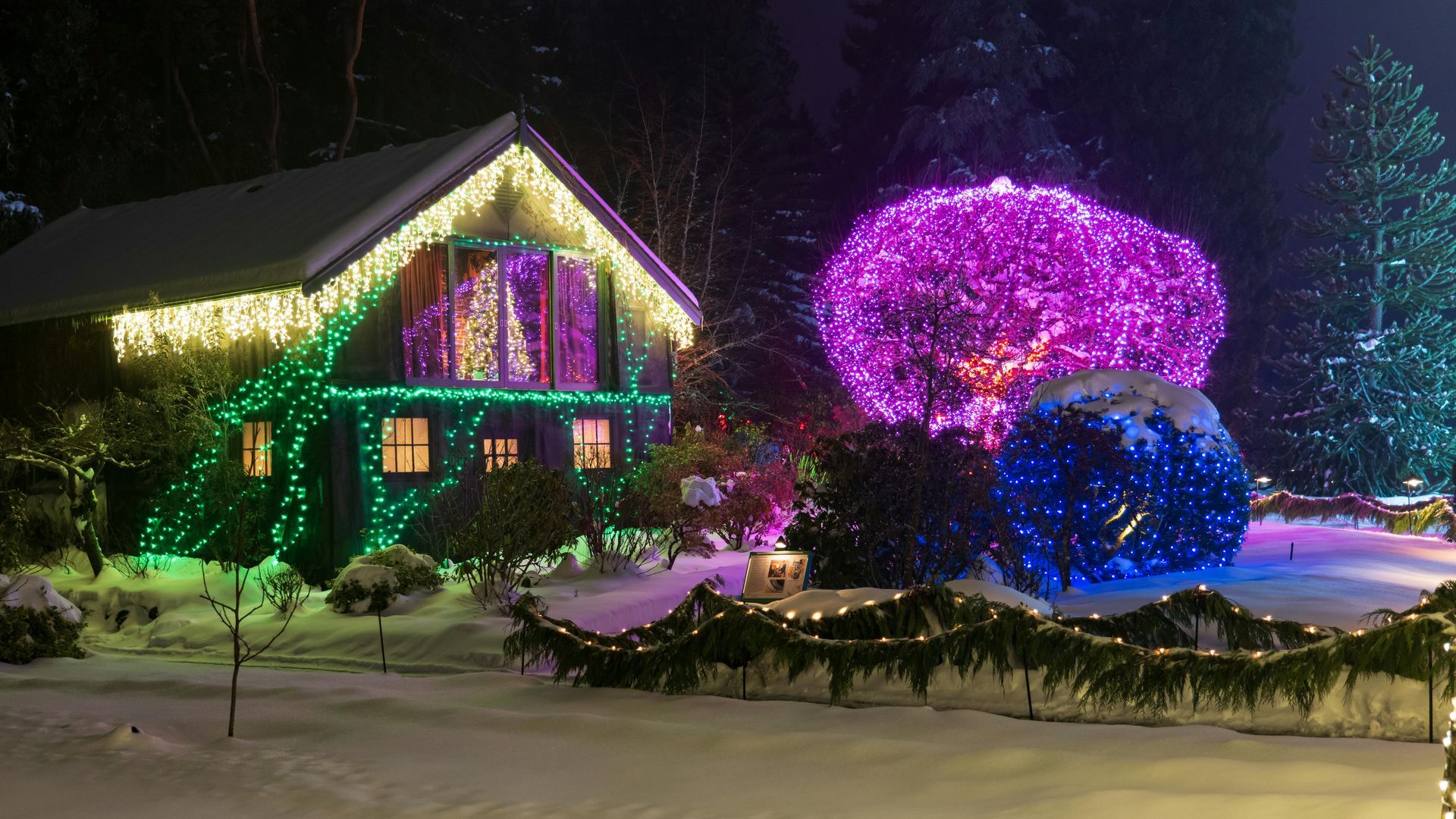 A snow-covered house and yard decorated with colorful Christmas lights at night.